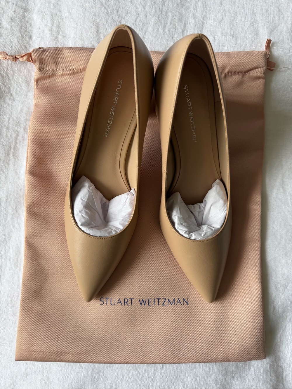 Stuart Weitzman Block Heel Pump 75 Bambina Beige Leather Pumps